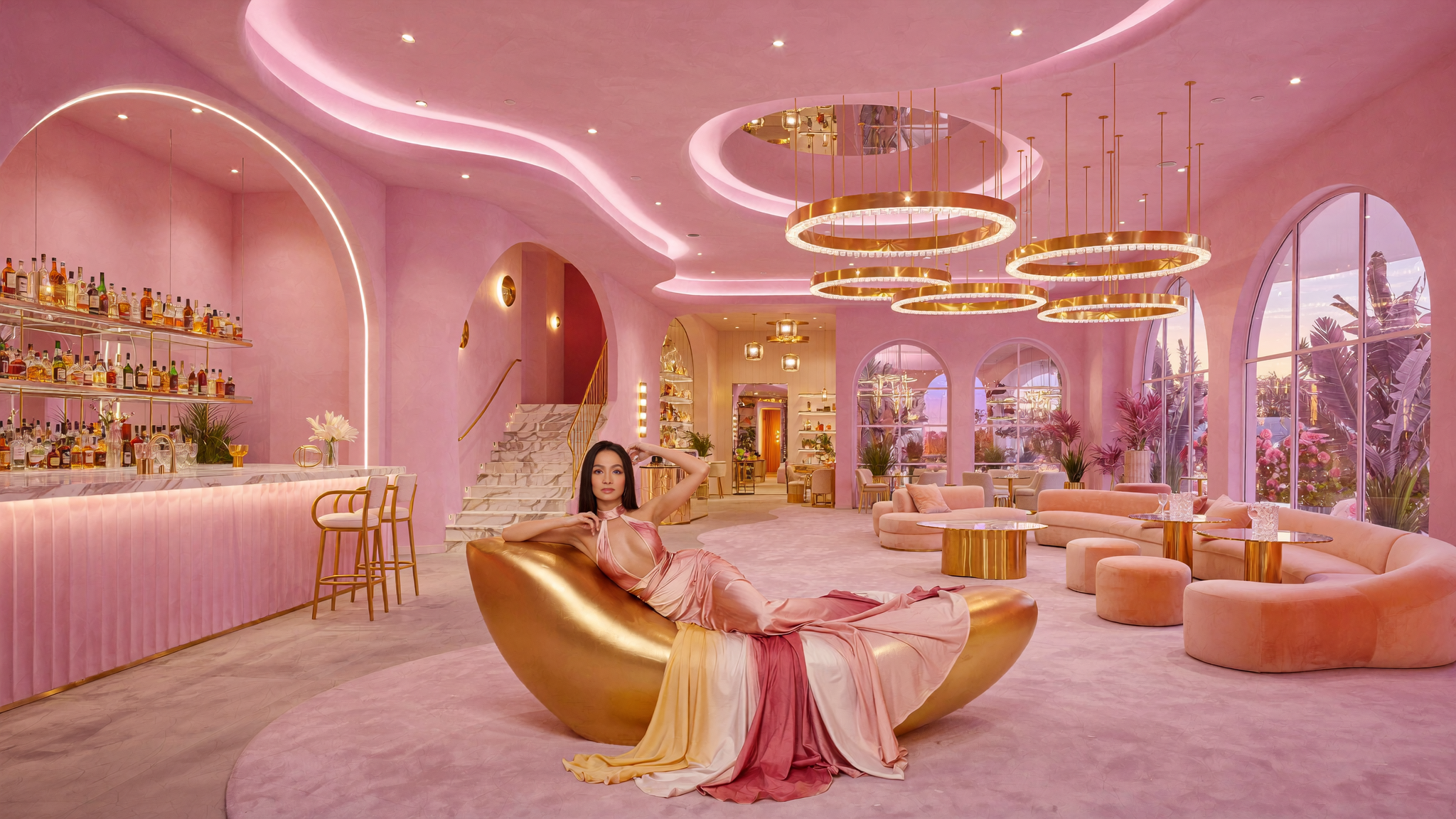 Interior of a pink-themed lounge or bar with large arched windows, circular chandeliers, pink sofas, plants, and a woman in a satin dress lounging on a gold armchair.