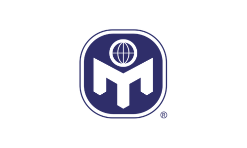 The logo features a globe at the top above a stylized letter M inside a rounded square border.