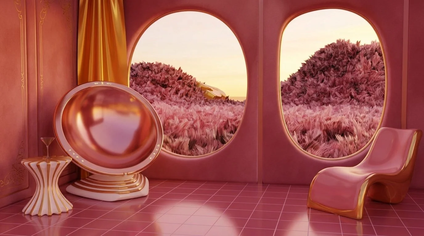 A pink and gold futuristic room with two large oval windows showing a pink fluffy landscape and a sunrise. The room contains a pink chair with gold accents, a small pink table with white and gold stripes, and a shiny pink spherical object on a white and gold stand.