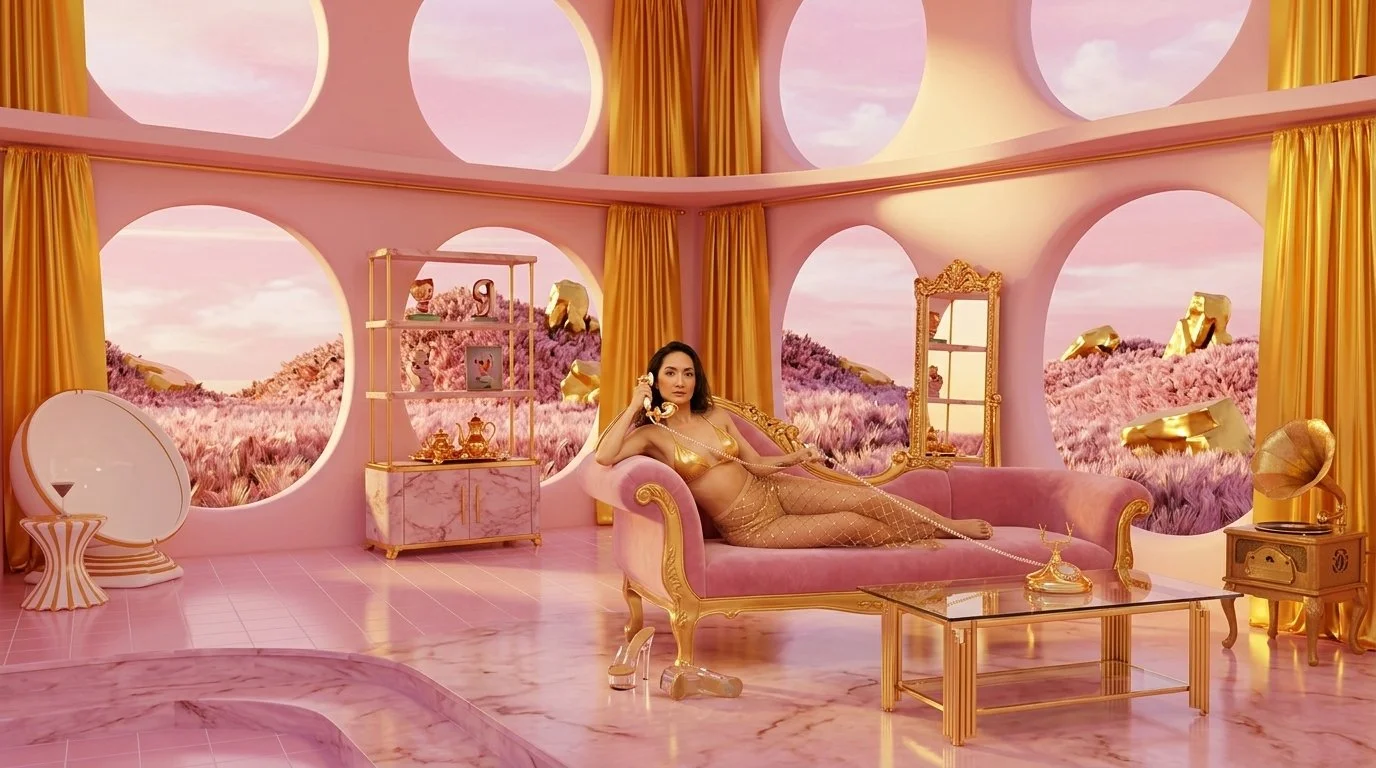 AI version of Arra on the phone, on a Cleopatra love chair