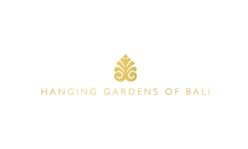 Logo with the text 'Hanging Gardens of Bali' and a decorative gold emblem above.
