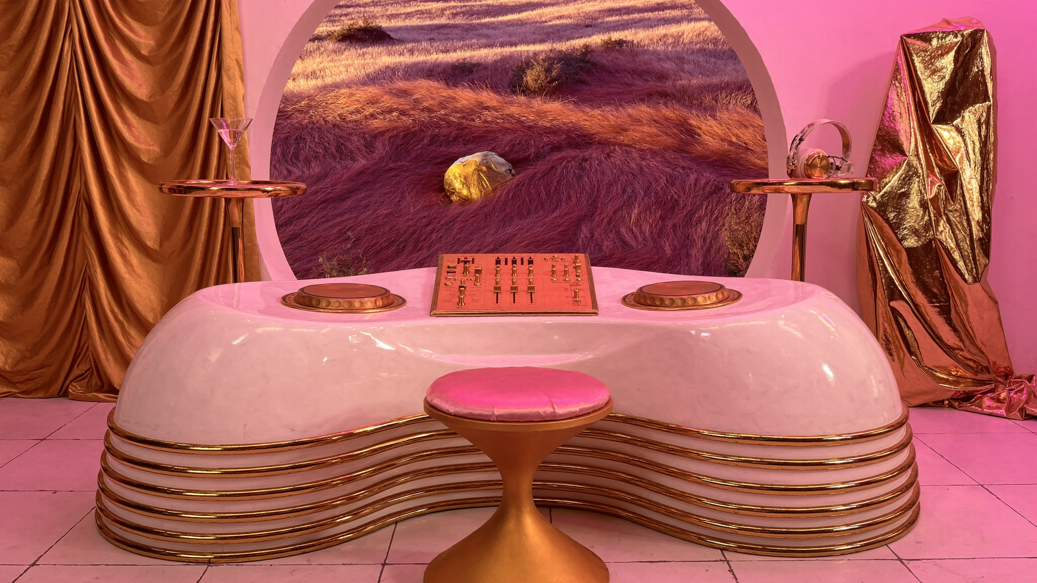 A futuristic DJ booth with a pink, gold, and white color scheme. The booth has a rounded, ornate design with gold accents, and a pink cushioned stool in front. Behind, a large arched window reveals a landscape of tall purple grass and a golden skull on the ground.