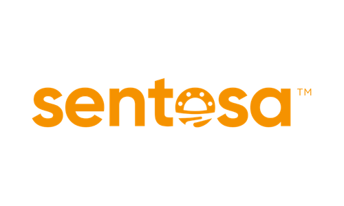 Sentosa logo with the text in orange and a smiley face in the letter 'o'.