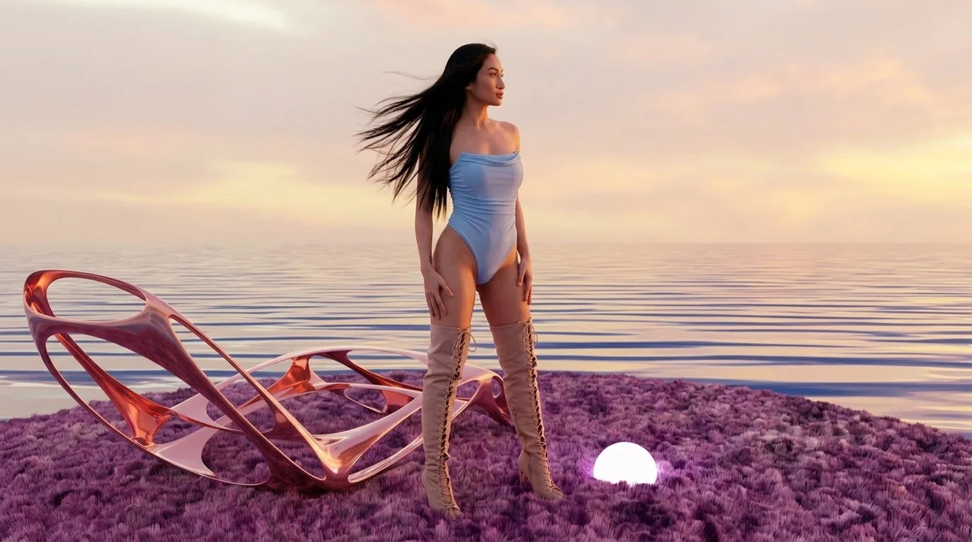 A woman with long black hair wearing a light blue strapless bodysuit and thigh-high beige lace-up boots stands on a grassy purple terrain near the water at sunset. There is abstract metallic artwork behind her, and a glowing white orb on the ground near her feet.