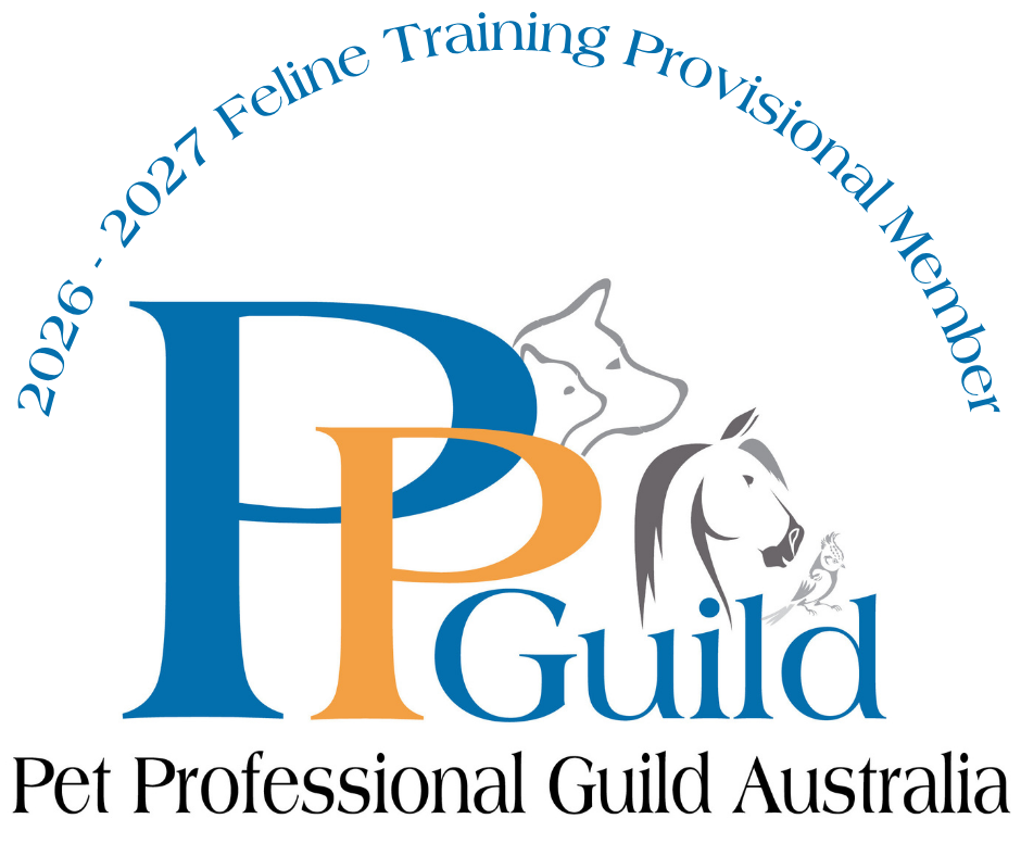 Logo for the Pet Professional Guild Australia, featuring stylized illustrations of a dog, cat, horse, and bird, with the text '2026-2027 Feline Training Provisional Member' encircling the top.