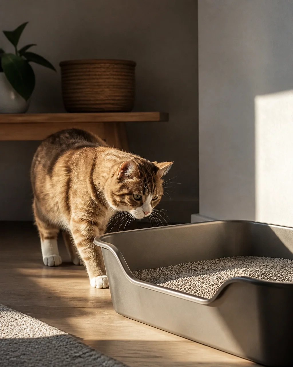 Cat walking to litter box
