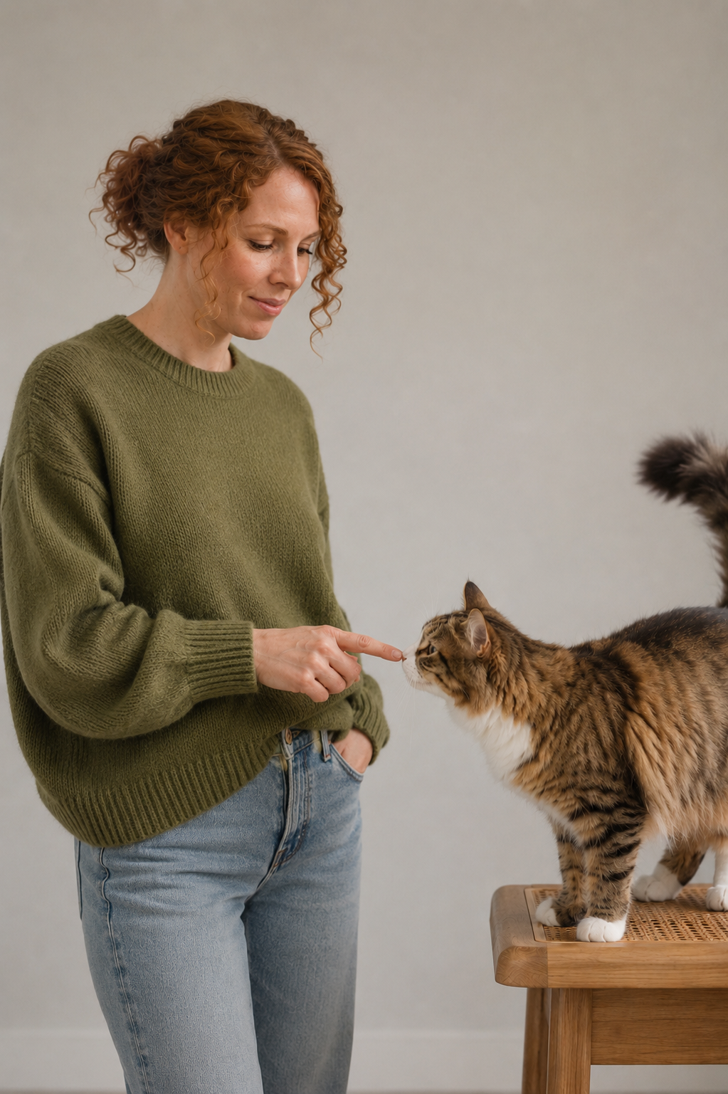 A woman with curly red hair wearing a green sweater and jeans is gently touching noses with a fluffy, brown tabby cat standing on a wooden table.