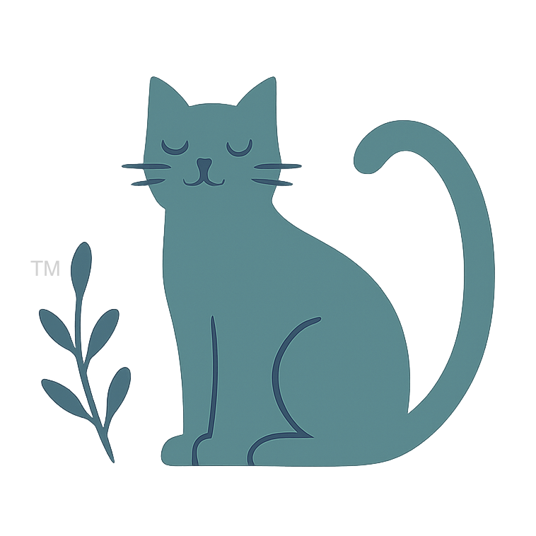 A simple, stylized drawing of a blue cat with closed eyes sitting next to a small plant.