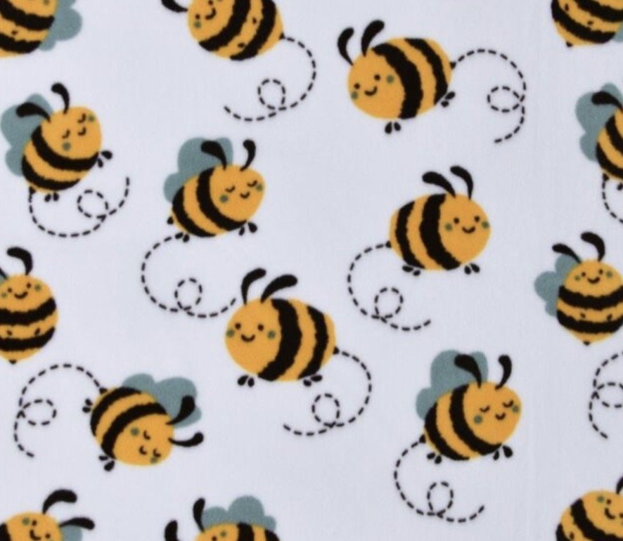 Pattern of cute, cartoon bees with smiling faces and striped bodies, flying and swirling around.