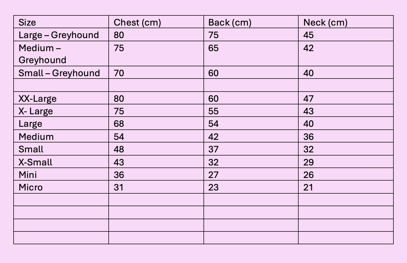 A size chart for dog clothing with measurements in centimeters for chest, back, and neck, ranging from Micro to Large sizes in various categories including Greyhound, X-Large, and XX-Large.