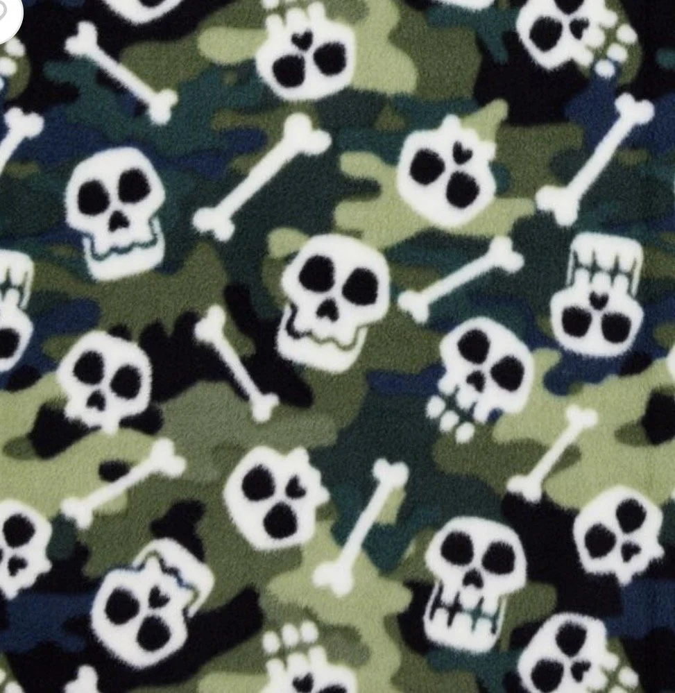 Pattern featuring white skulls and crossbones against a green camouflage background.