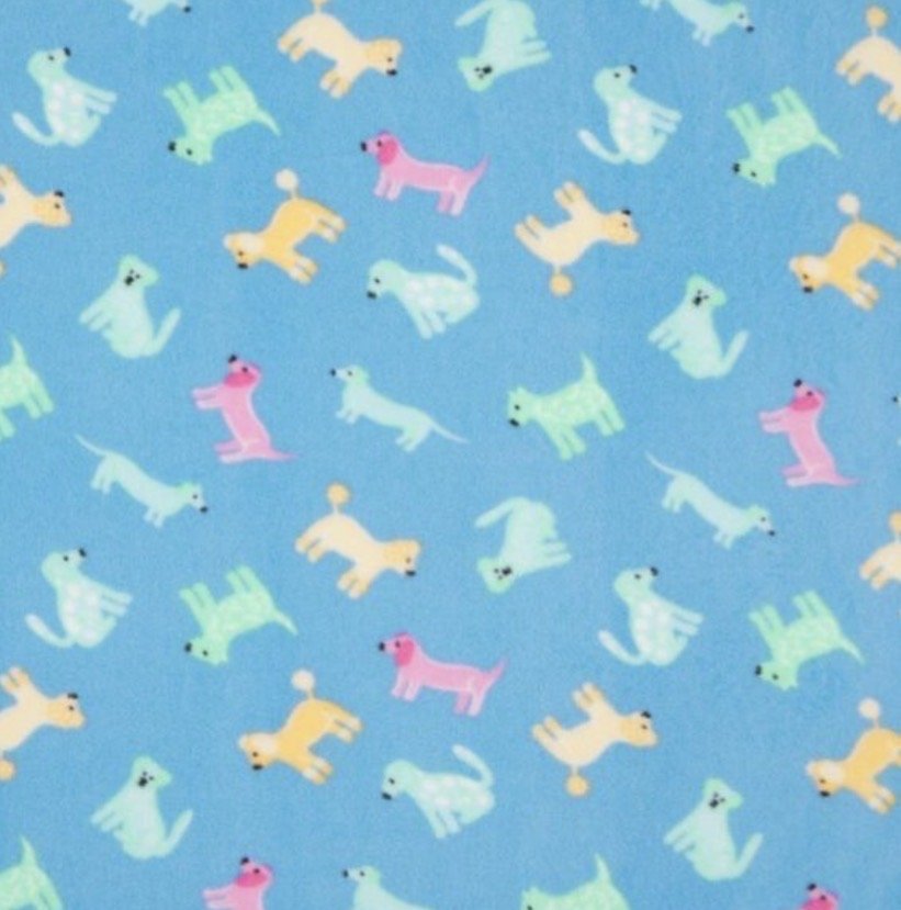 Pattern of colorful cartoon dogs on a blue background.