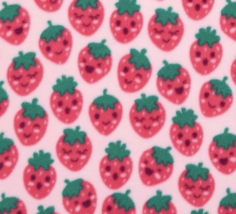 Pattern of smiling cartoon strawberries with green leaves on a pink background.