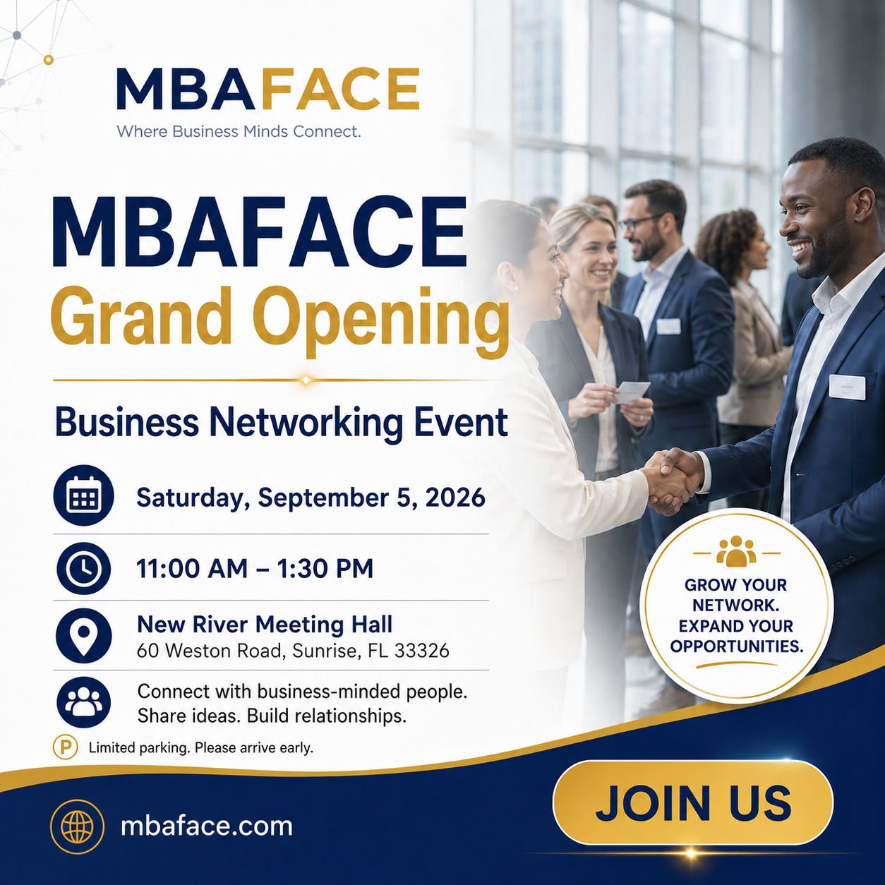 MBAFACE Grand Opening business networking event flyer in Fort Lauderdale, Florida.
