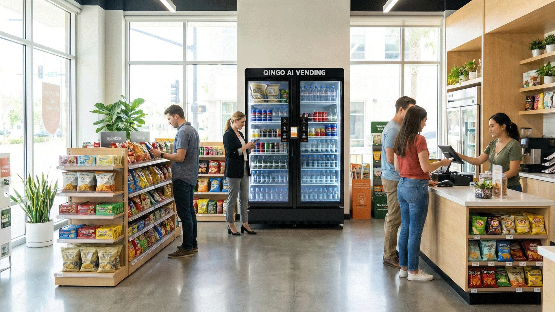 People shopping inside a convenience store, waiting in line at the checkout counter while a cashier processes their purchase. There are snack shelves, a beverage vending machine, and large windows allowing natural light.
