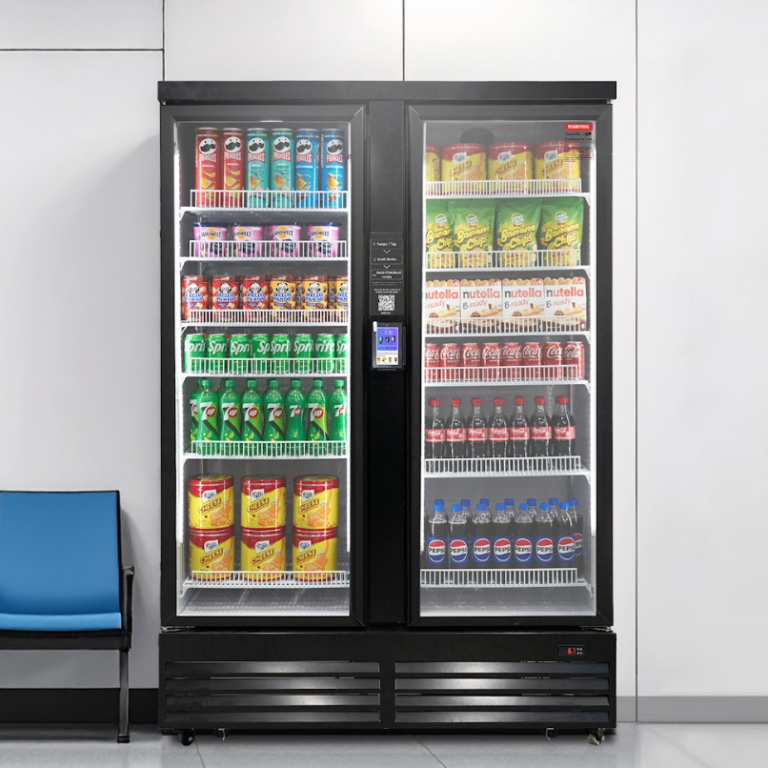 A vending machine filled with various sodas and snacks, located next to a blue chair, against a plain white wall.