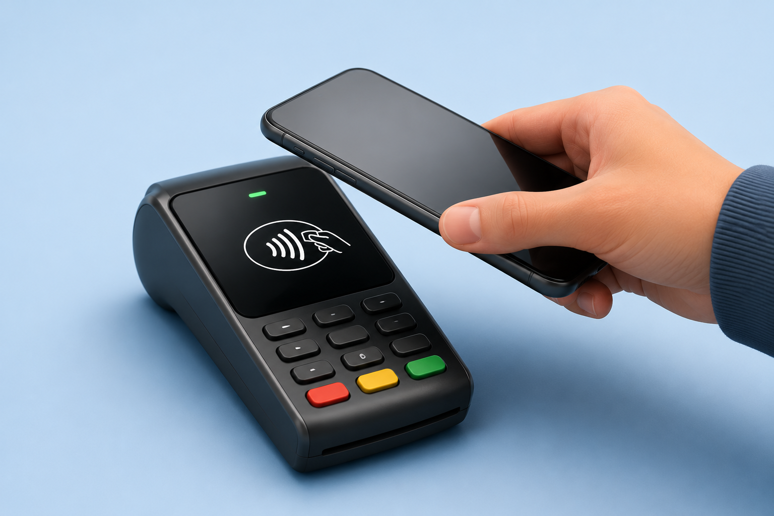 Person holding smartphone near contactless payment terminal on a blue background.