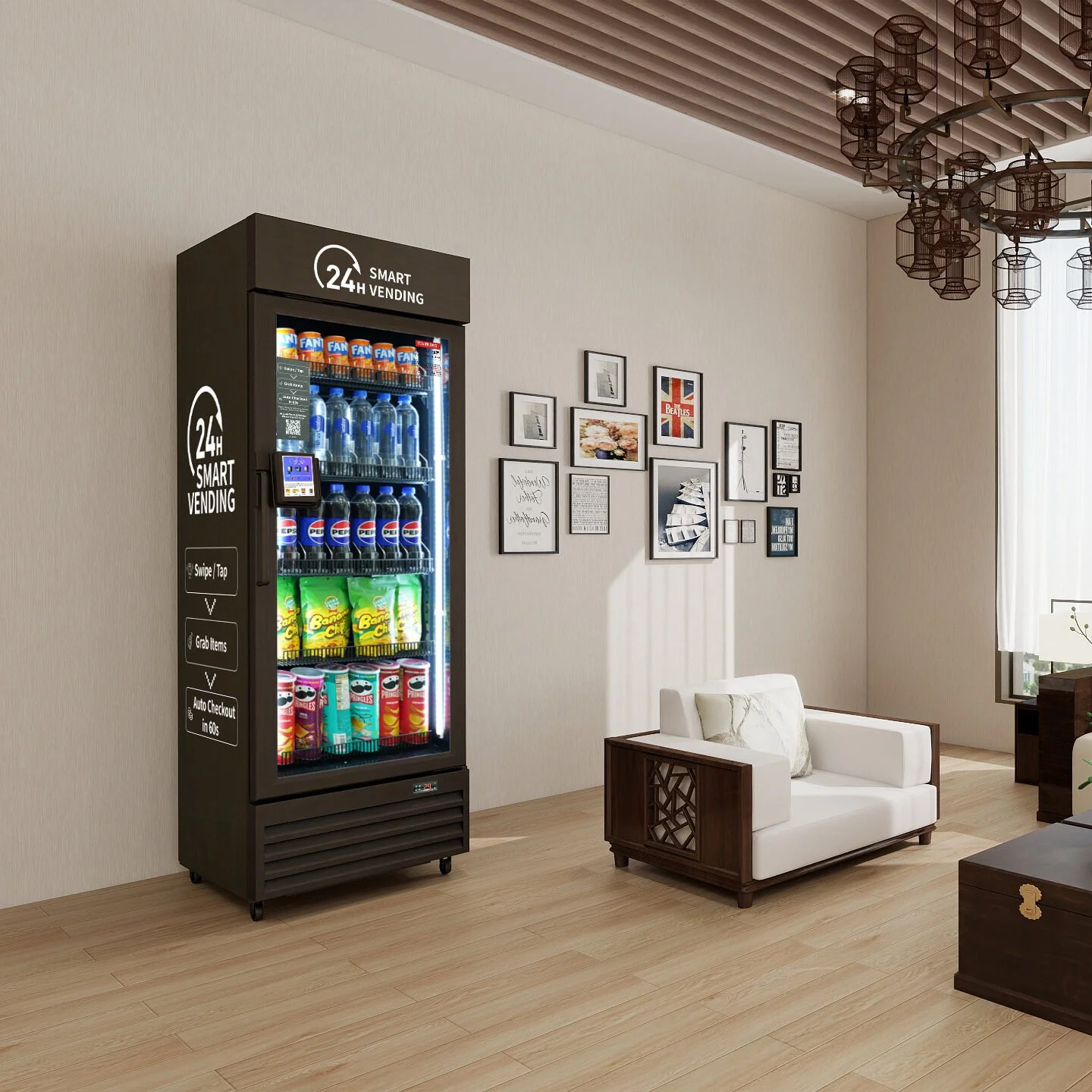 Indoor scene featuring a vending machine with various drinks and snacks, and a seating area with a white sofa and decorative framed pictures on a beige wall.