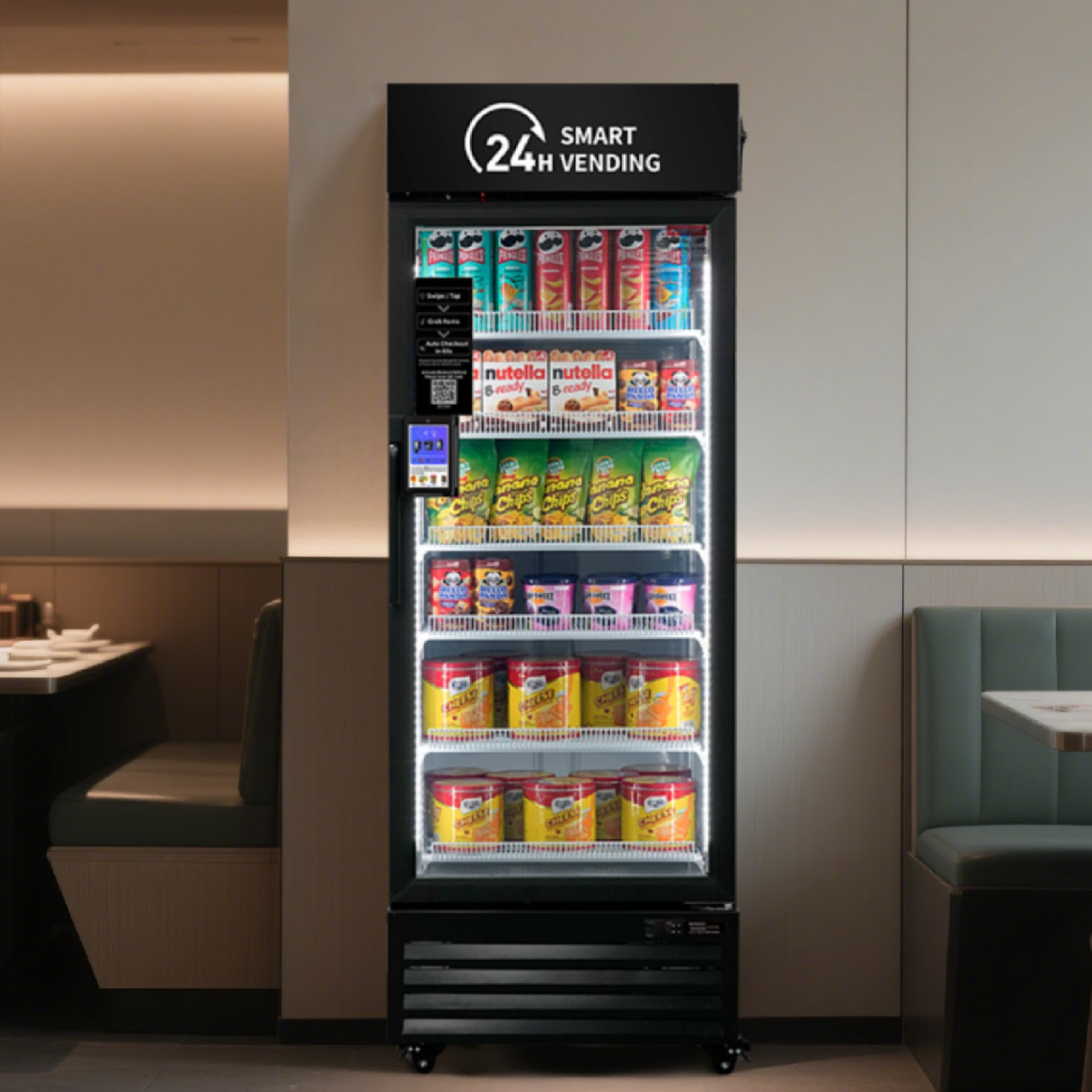 A beverage vending machine stocked with various snacks and drinks, with a sign on top that reads '24H Smart Vending'.