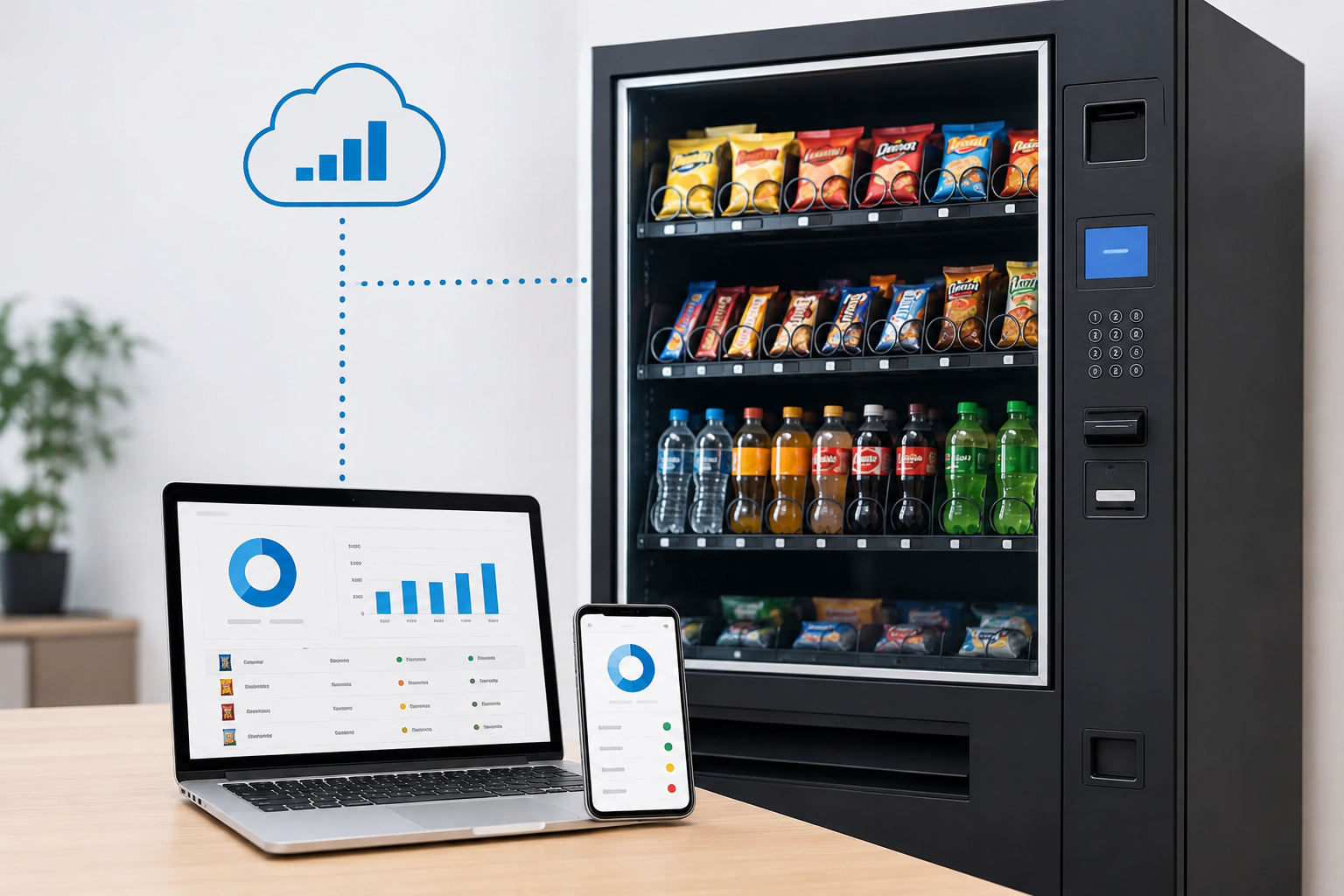 Vending machine with snacks and beverages, laptop and smartphone displaying data charts, cloud icon with signal bars indicating wireless connection.
