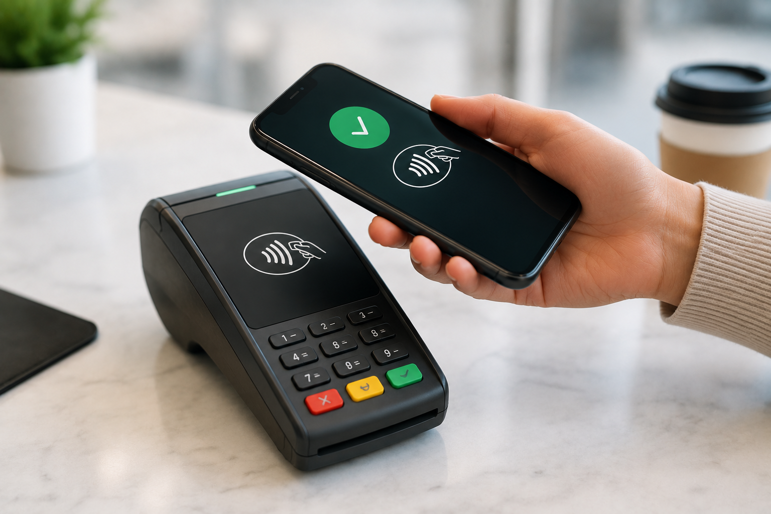Person holding a smartphone near a contactless payment terminal to make a payment.