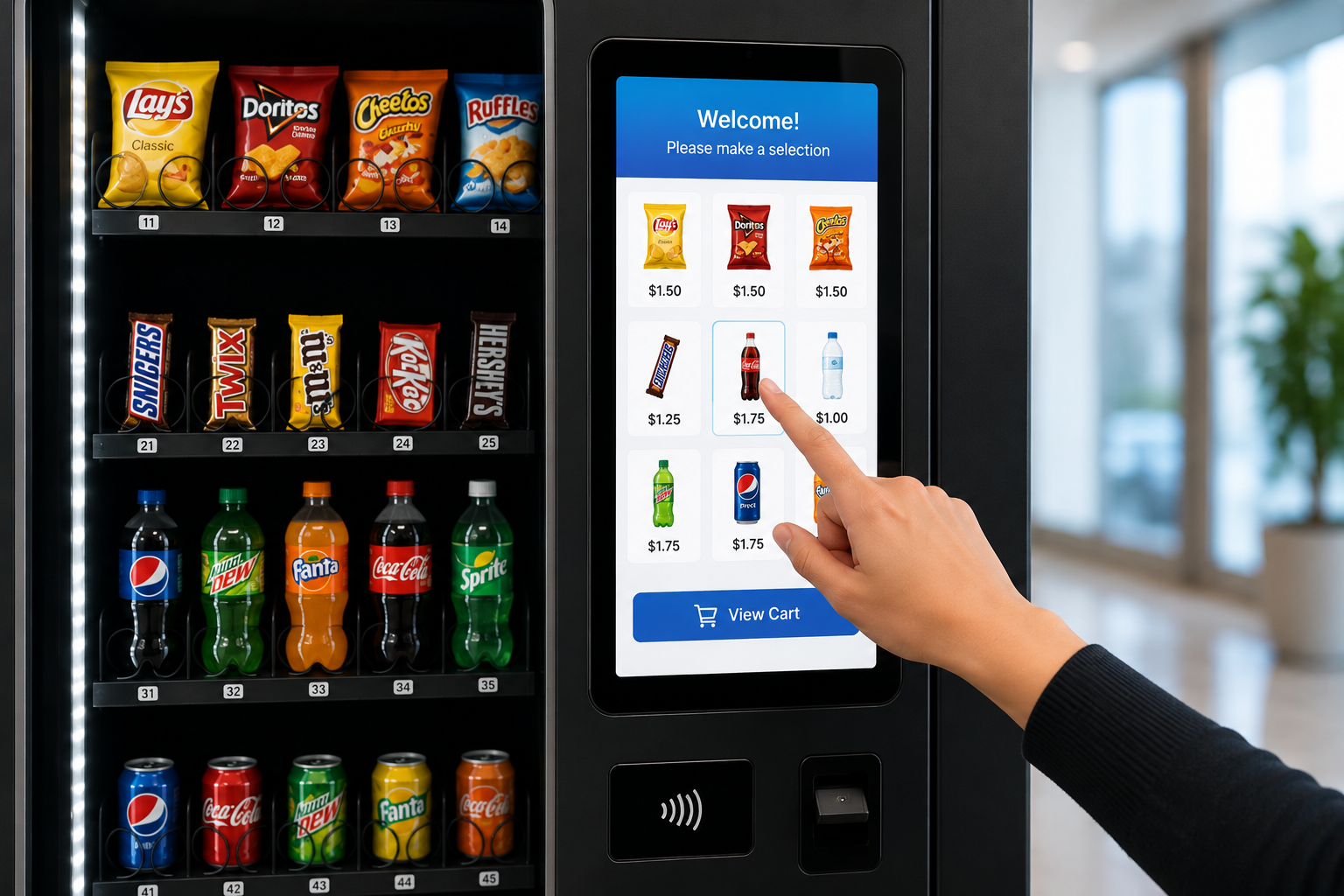 Person selecting a Coca-Cola from a vending machine touchscreen that displays various snack and beverage options.