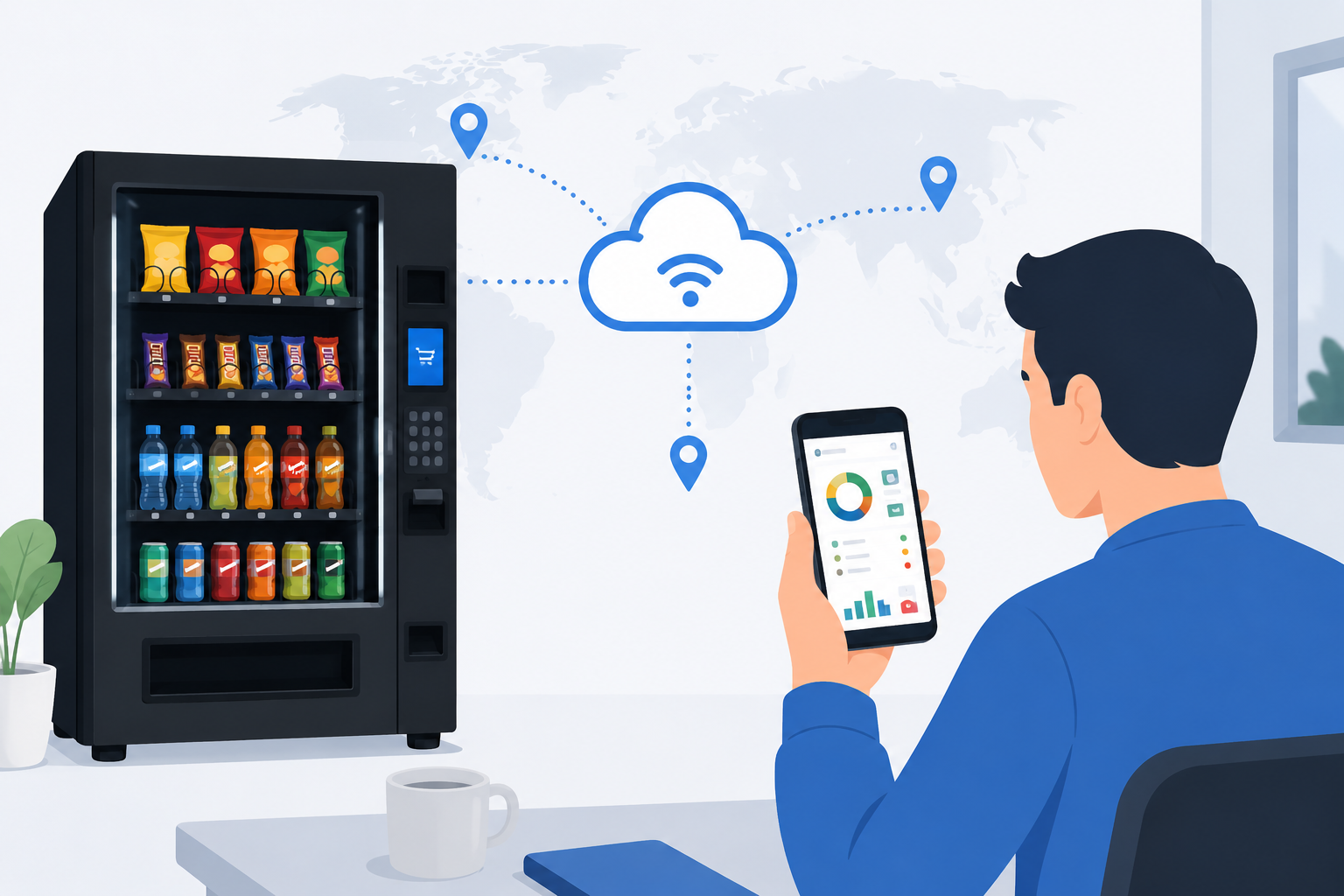 A person in a blue jacket looking at their smartphone near a vending machine with snacks and drinks, with a world map and cloud connectivity icons in the background.