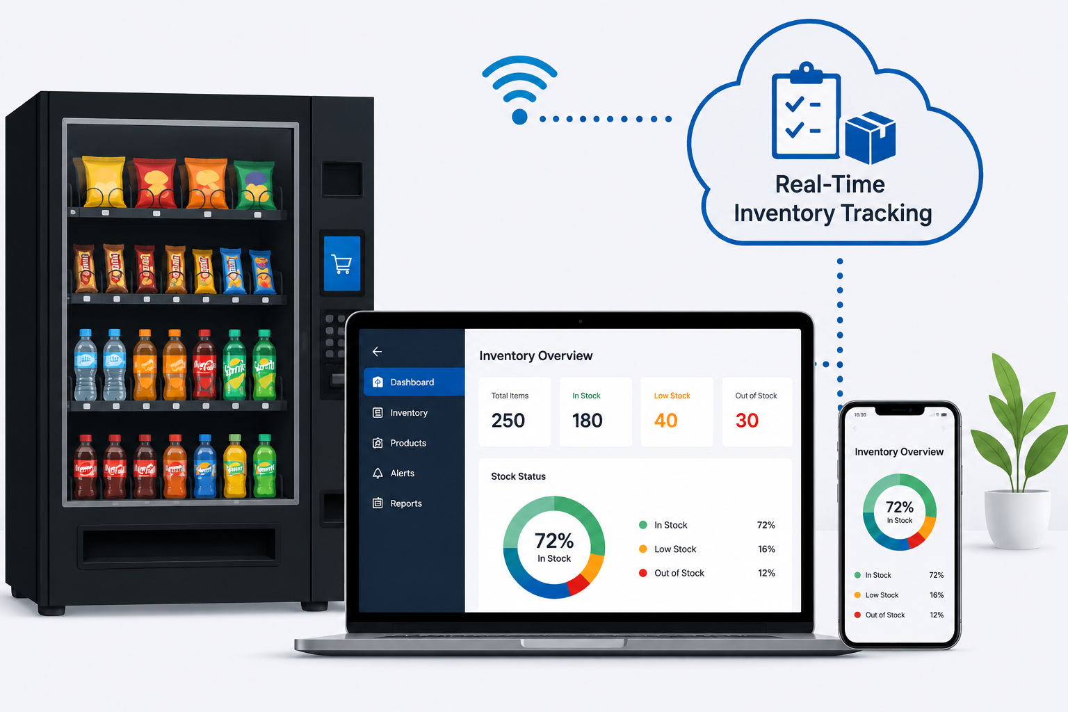 Vending machine with snack and drink items beside a laptop and smartphone displaying inventory management software, with a potted plant in the background, illustrating real-time inventory tracking.