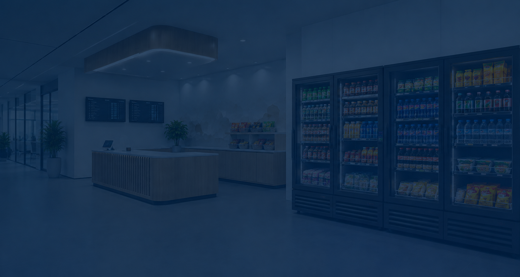 Modern office lobby with a reception desk, potted plants, digital screens, and vending machines stocked with snacks and drinks.