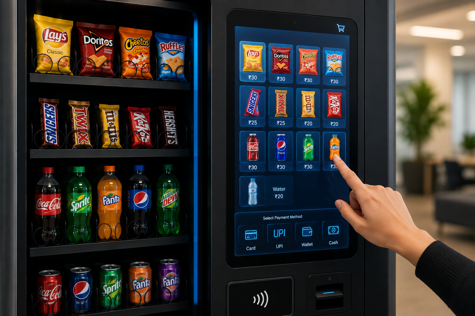 A person is selecting a Sprite soda from a vending machine that offers various drinks and snacks, including chips and candy.