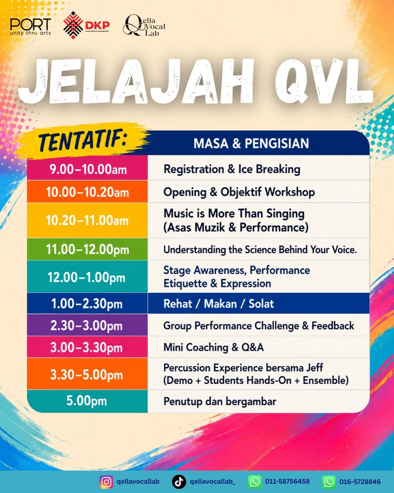 Schedule for Jelajah QVL event with time slots and activity descriptions, featuring logos of PORT, DKP, Ella Vocal Lab, and contact info at the bottom.