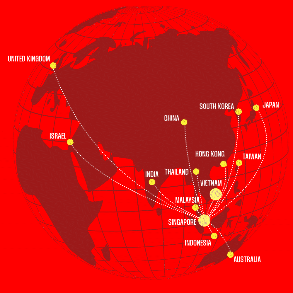 A globe map with yellow dots connecting various Asian countries and Australia, with dotted lines indicating travel routes. Countries labeled include United Kingdom, Israel, China, South Korea, Japan, Taiwan, Hong Kong, Vietnam, Malaysia, Singapore, Indonesia, Thailand, India, and Australia.