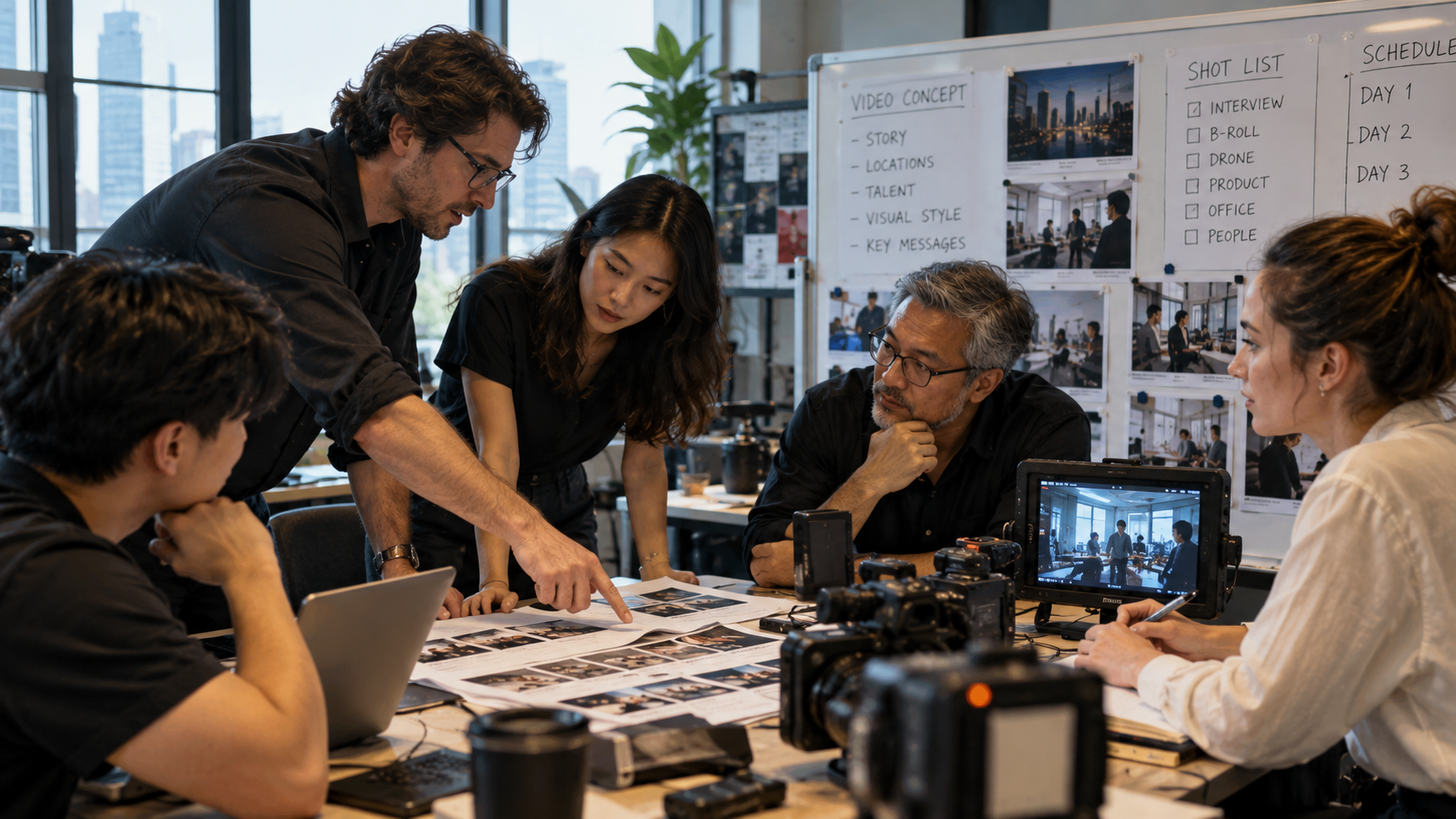 Production team discussing a video
