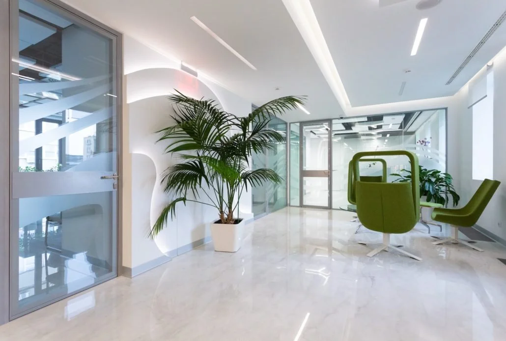 Modern office lobby with glass doors, a large potted plant, green chairs, and sleek white walls and ceiling with built-in lighting.