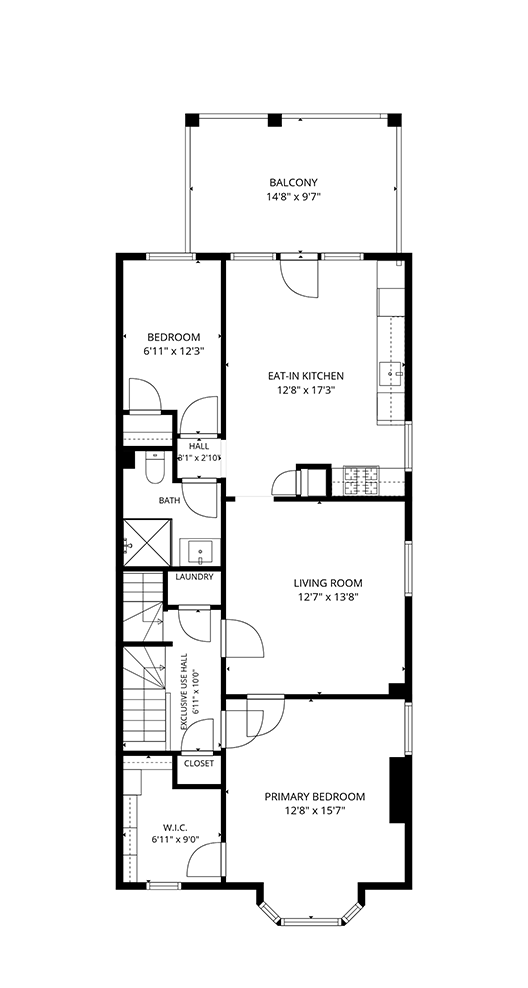 Floor plan of a residential home showing a primary bedroom, walk-in closet, living room, eat-in kitchen, bedroom, bathroom, laundry, hallways, staircase, and a balcony.