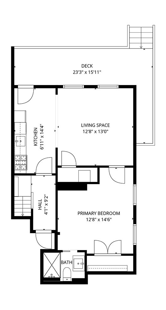 Floor plan of a house showing a deck, living space, kitchen, primary bedroom, hall, and bathroom.