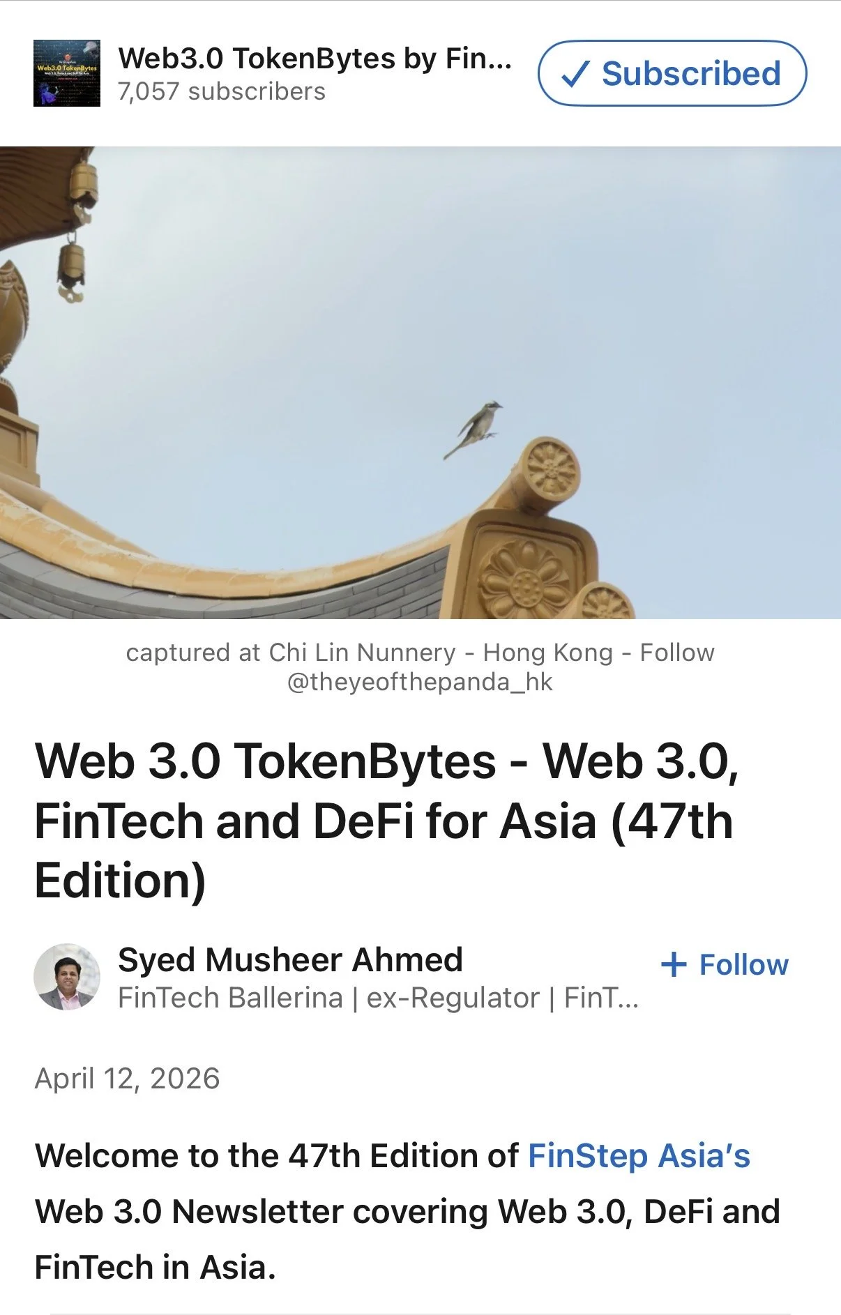 A section of a webpage displaying an article about Web 3.0, FinTech, and DeFi for Asia, including the title, author, and publication date. Part of a traditional Asian-style roof with a decorative end tile and a bird perched on the roof edge are visible against a clear sky background.