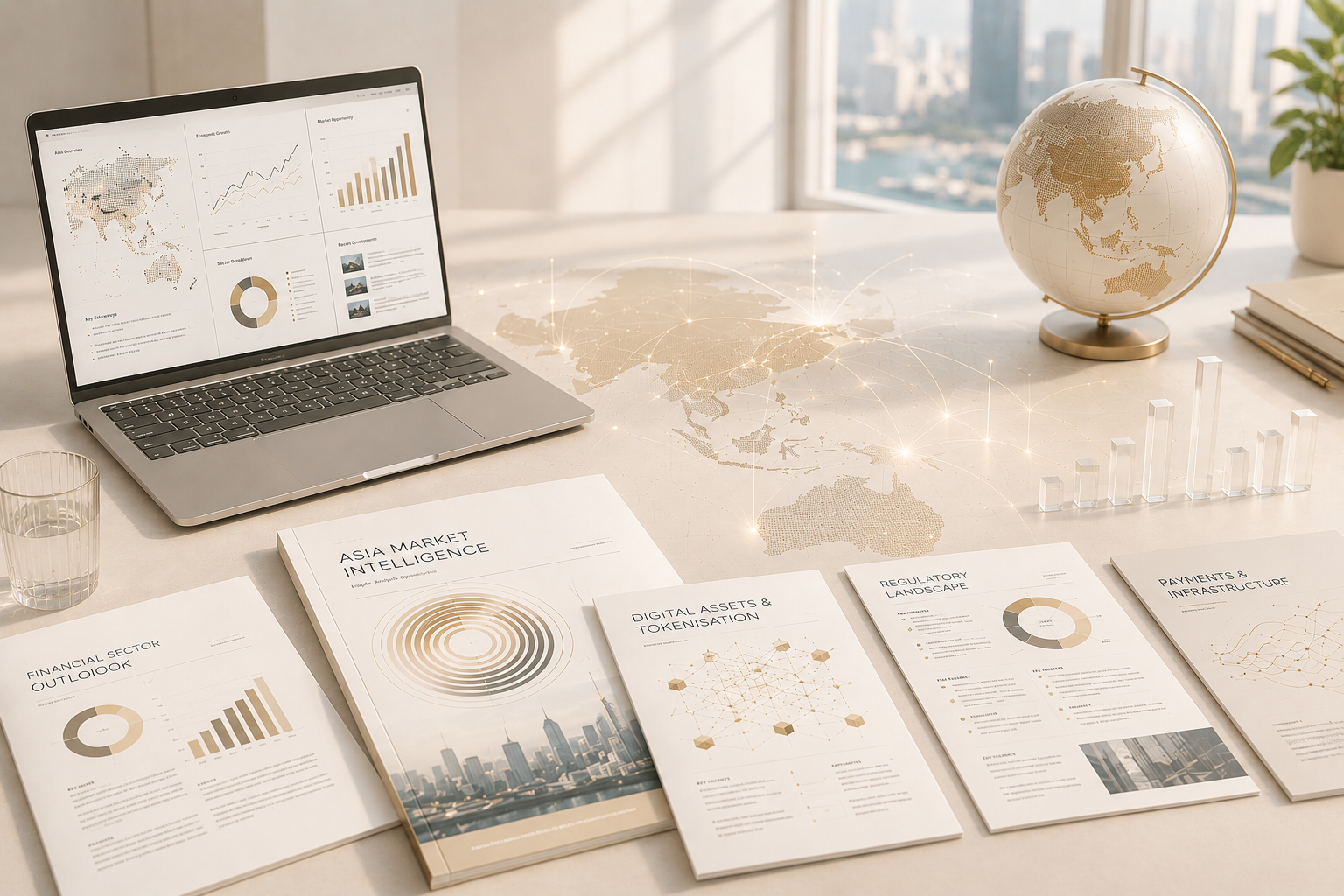 Desk with an open laptop displaying global economic data, brochures titled Asia Market Intelligence, Digital Assets & Tokenisation, Regulatory Landscape, Payments & Infrastructure, a glass of water, a globe, and a cityscape view through a window.