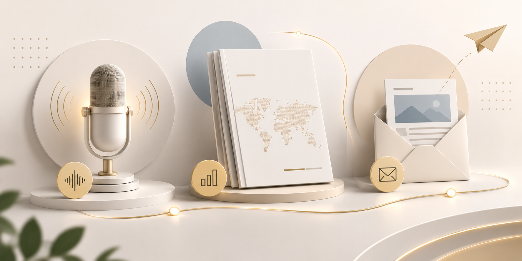 A modern, minimalist digital workspace with a microphone, a stack of documents with a world map, and an open envelope with a photo inside, all on a white curved surface with decorative icons and lines.