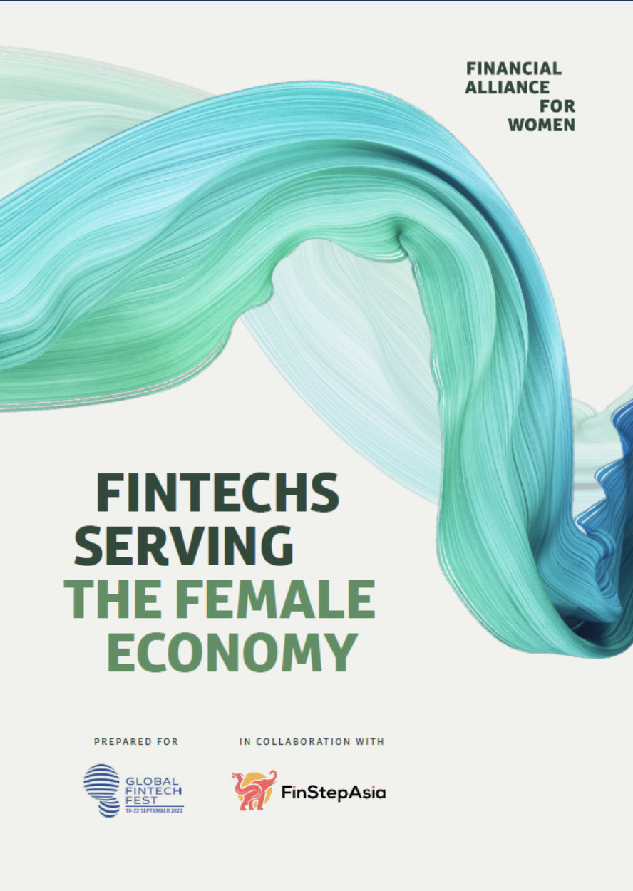 Cover of a report with an abstract swirl of blue and green colors. Title reads 'Fintechs Serving the Female Economy'. Logo of Global Fintech Fest and FinStepAsia at the bottom.