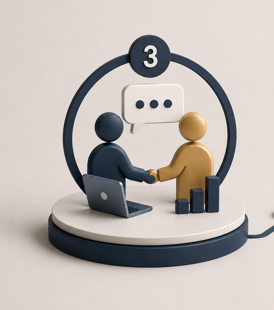 Two stylized 3D figures shaking hands, one black and one tan, with a laptop and bar chart icons next to them, within a circular frame and the number 3 at the top, on a round base.