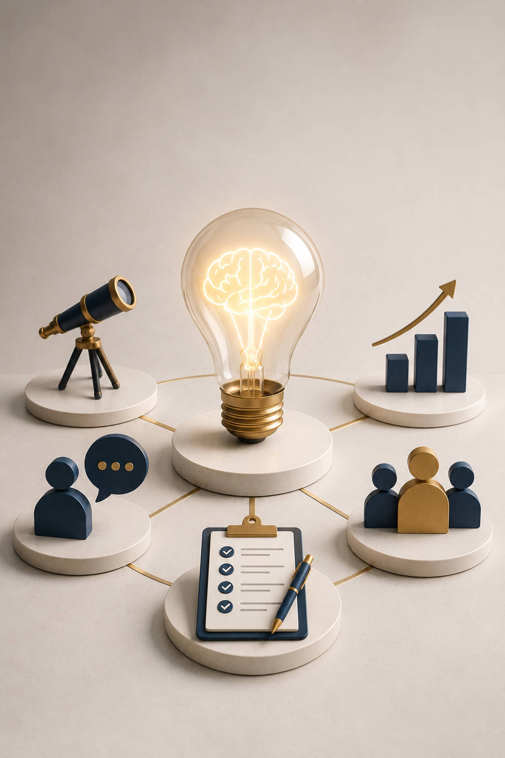 A lightbulb with a brain outline inside, surrounded by icons representing a telescope, a bar graph with an upward arrow, a speech bubble, a checklist on a clipboard, and groups of people, symbolizing ideas, research, growth, communication, planning, and teamwork.