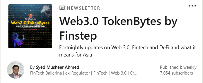 Cover of a newsletter titled 'Web3.0 TokenBytes by Finstep' with a futuristic digital theme, including a person with a digital helmet and various icons related to Web 3.0 technology.