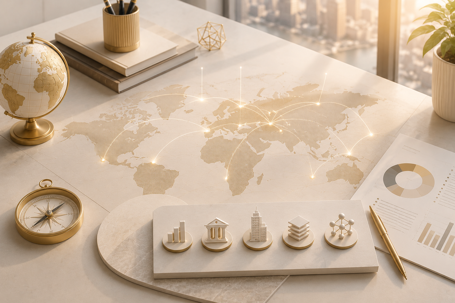 A workspace with a world map and connected city points, a globe, a compass, notebooks, a plant, a pen, and printed charts with graphs on a white desk.