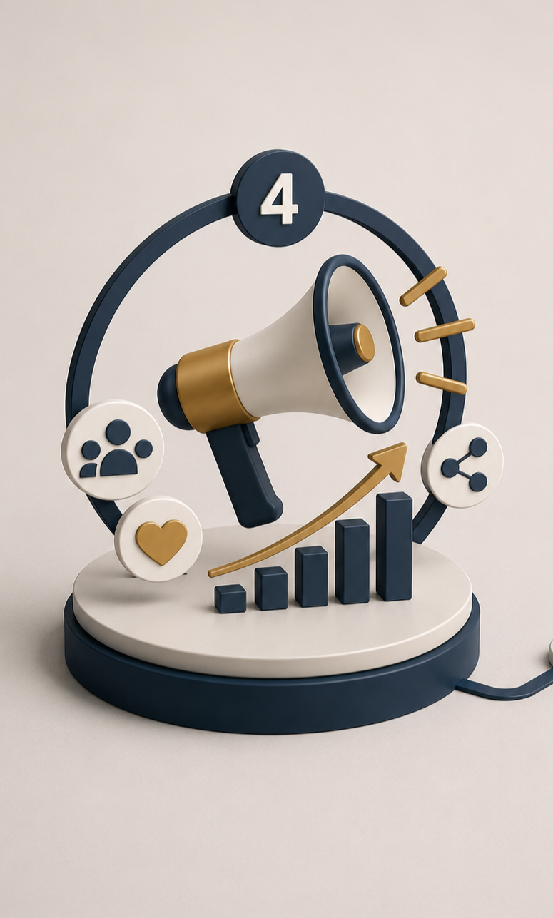 A digital illustration of a megaphone with various icons, a bar graph, and an upward arrow, symbolizing marketing or communication growth.