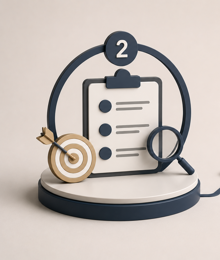A 3D model of a clipboard with some text and three bullet points, a magnifying glass, a target with an arrow, all on a circular base with a leading number two at the top.