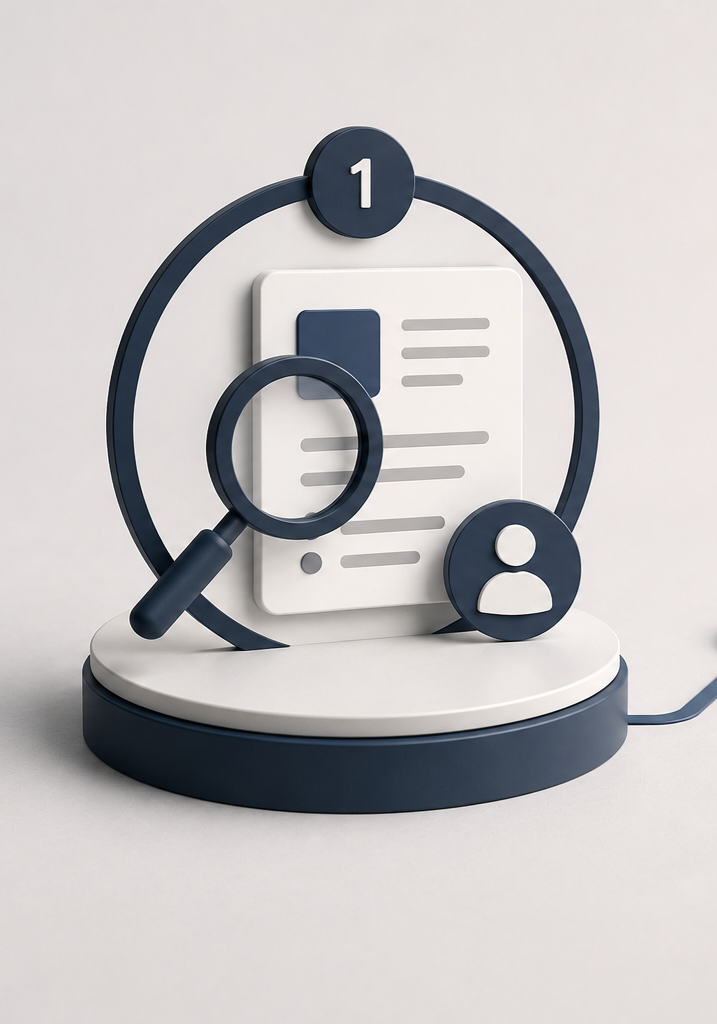 Digital illustration of a magnifying glass examining a document, with icons of a person's profile and a number one, representing research or profile analysis.