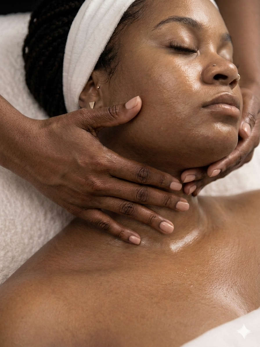 Une femme reçoit un massage de la nuque, les yeux fermés, avec une peau éclatante et une serviette sur la tête.