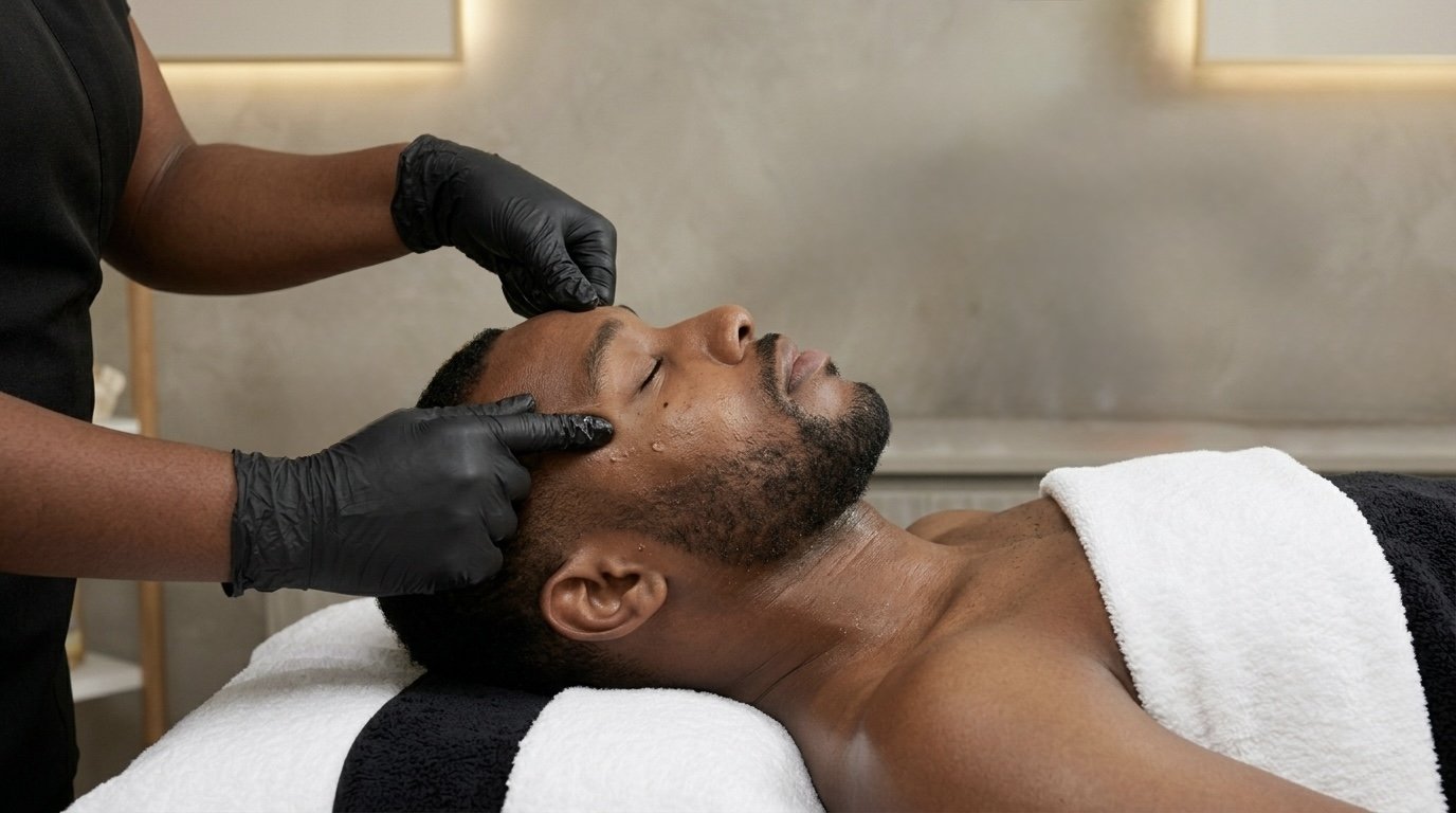 Un homme reçoit un soin ou une relaxation dans un spa ou un centre de bien-être, allongé sur une table avec une serviette blanche, un professionnel porte des gants noirs et touche son visage.