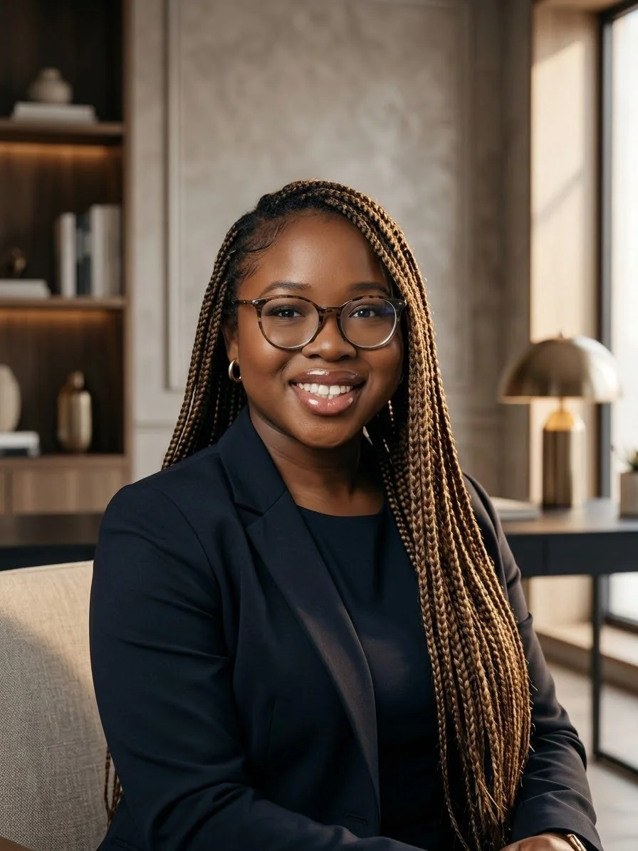 Une femme souriante portant des lunettes, vêtue d'un blazer noir, dans un intérieur moderne avec des étagères et une lampe.